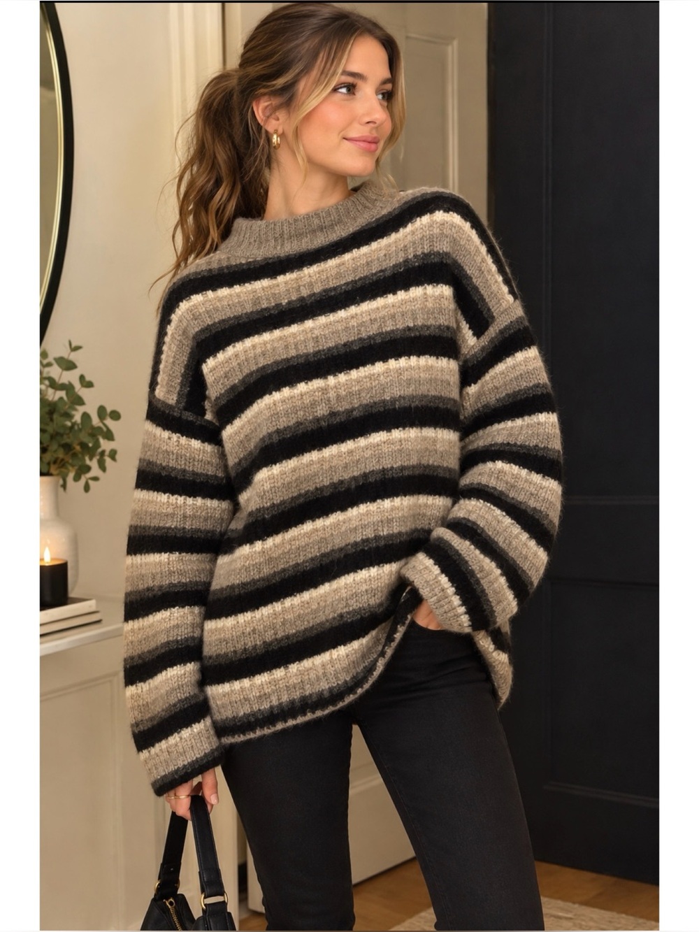 Gap Wool Unisex Black Brown Beige & White Striped Sweater Size: Xl